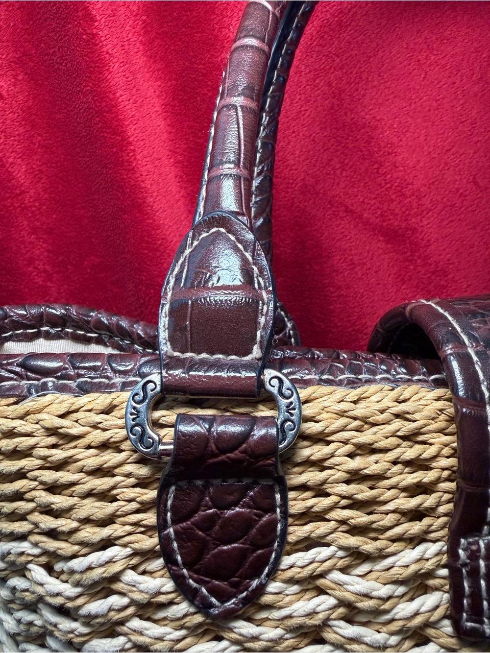 Vintage Boho Beach Woven Straw Tote Croc Trim Paisley Lining Trendy - Picture 10 of 10